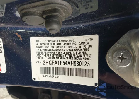 2010 Honda Civic Lx z USA, uszkodzony, nr VIN 2HGFA1F54AH580125